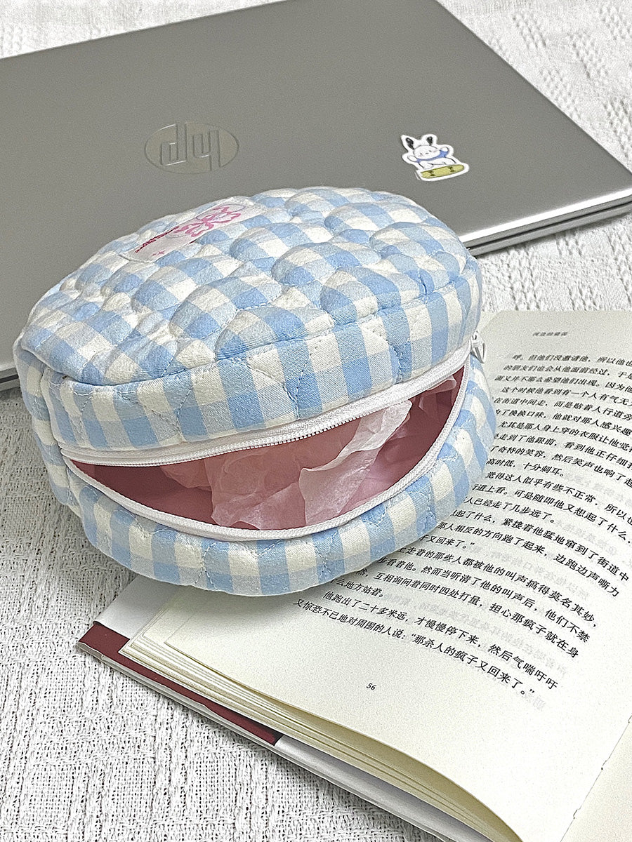 [Free Shipping]Blue and white checkered round cake makeup storage bag