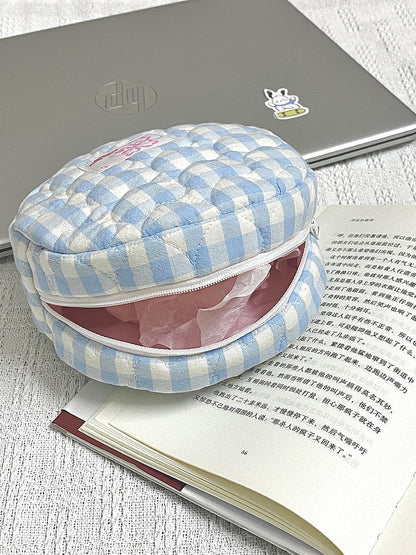 [Free Shipping]Blue and white checkered round cake makeup storage bag